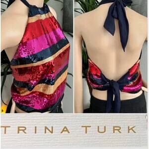 Trina Turk XS Colorful Sparkly Sequin Open Back Halter Top NEW Glam Party